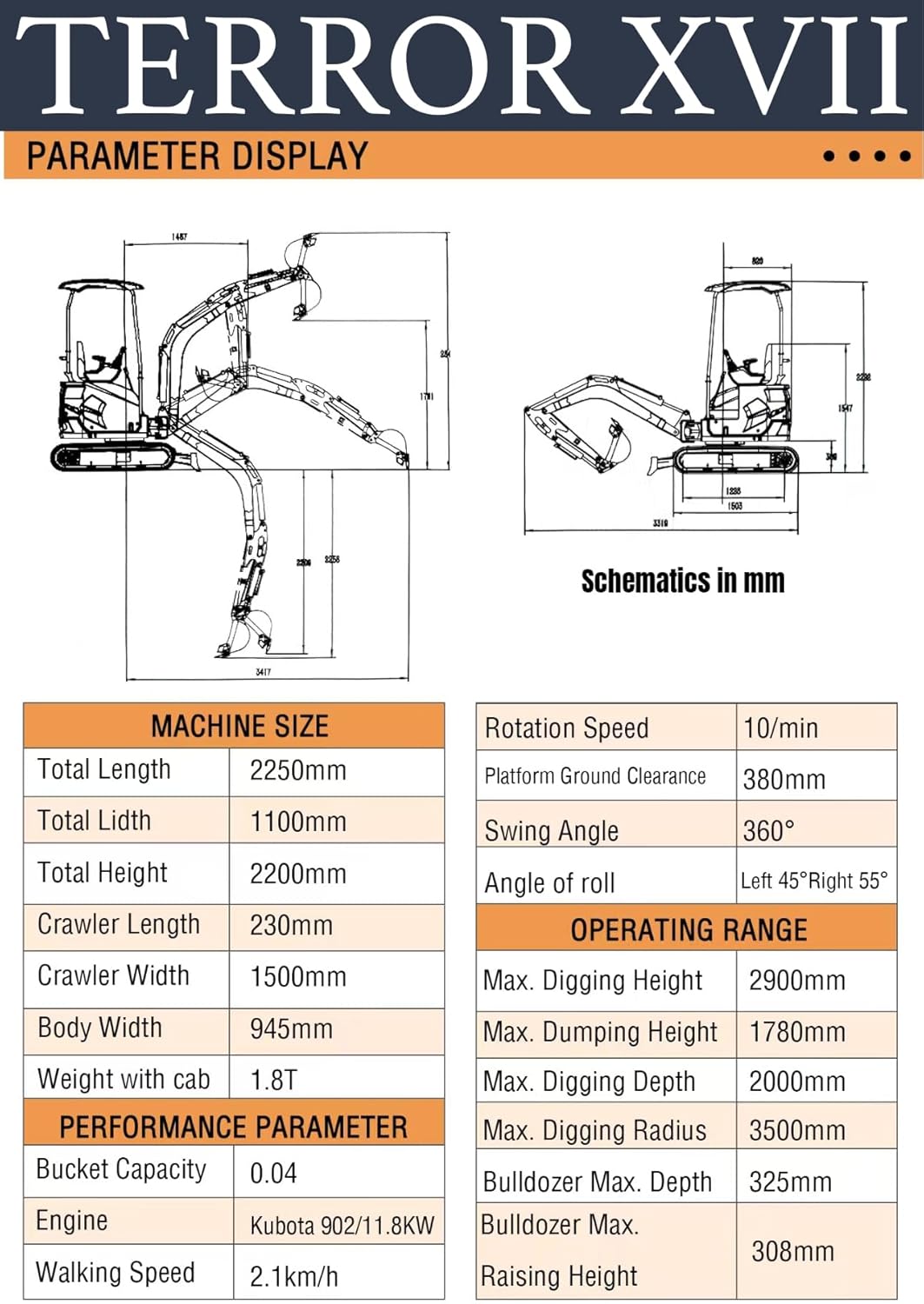 4,000 lb TYPHON TERROR XVII Mini Excavator Rubber Track with AC Heater Cabin and Kubota D902 Diesel Engine USA