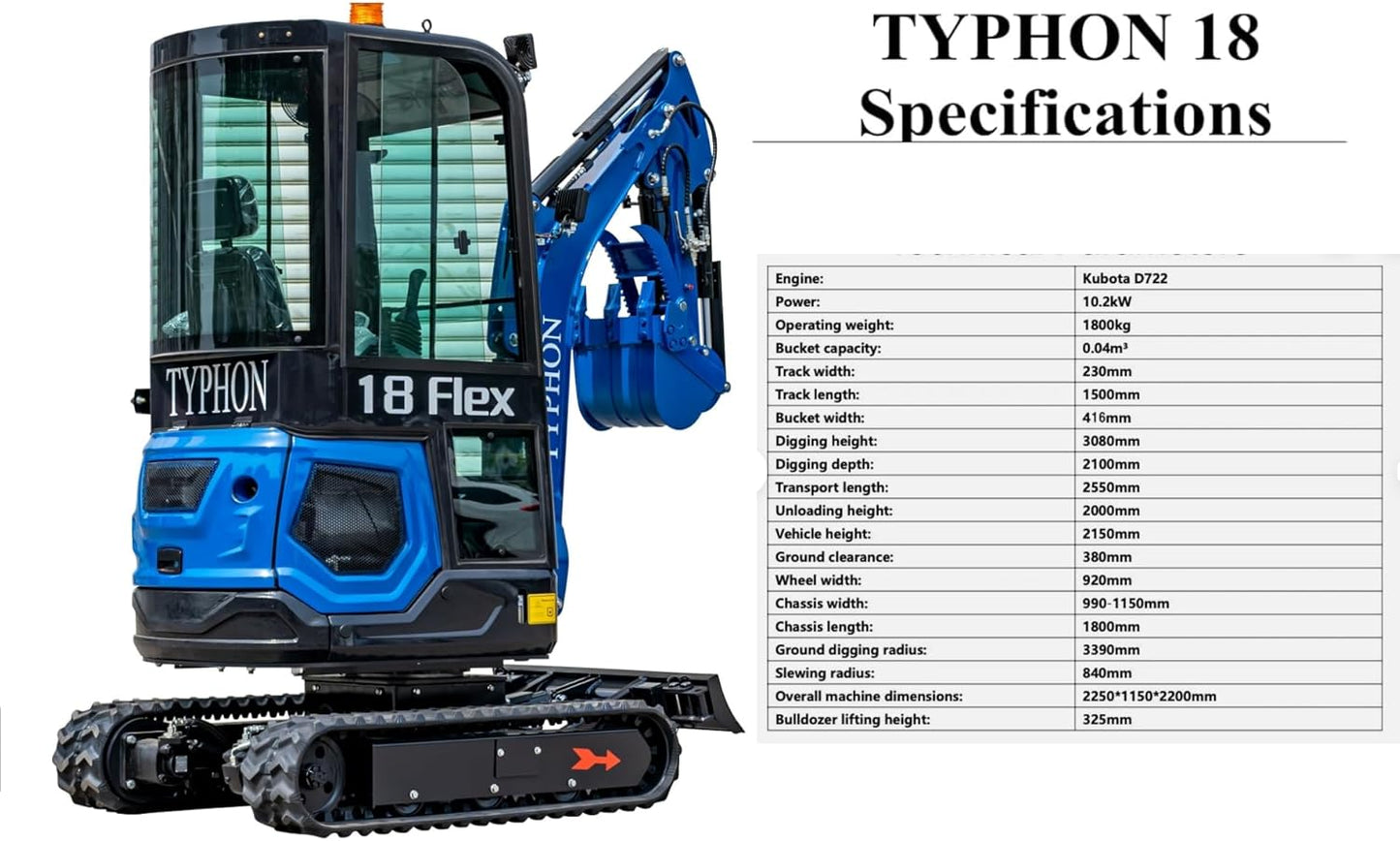 TYPHON 18 Flex 4,000 lbs Mini Crawler Excavator for Garden, Farm, Park, Road Micro Digger Ideal for Digging, Drilling, Bull-Dozing with 12 Different attachments