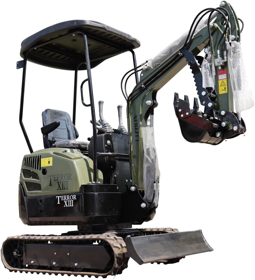 TYPHON Terror XIII Mini Excavator, 13.5 HP Gas Engine, Compact Tracked Digger with Canopy, Military Green