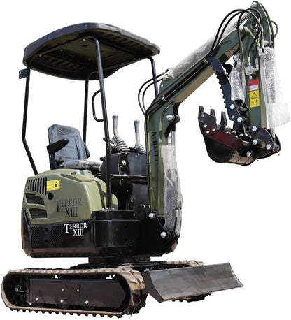 TYPHON Terror XIII Mini Excavator, 13.5 HP Gas Engine, Compact Tracked Digger with Canopy, Military Green
