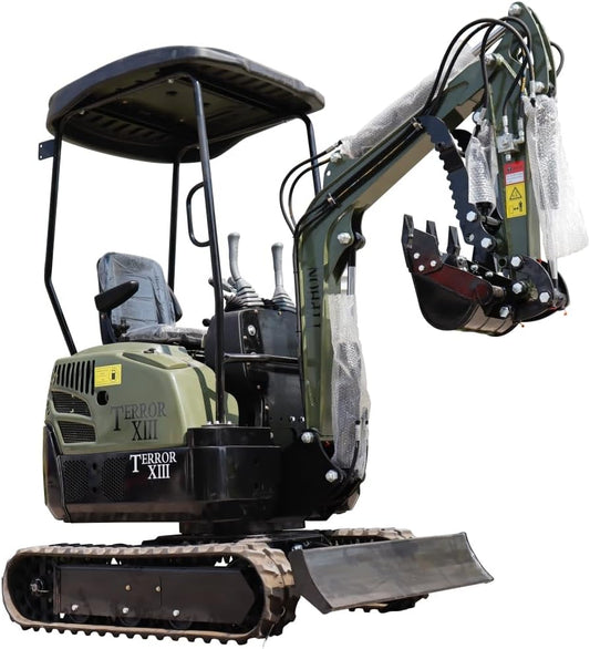 TYPHON Terror XIII Mini Excavator, 13.5 HP Gas Engine, Compact Tracked Digger with Canopy, Military Green