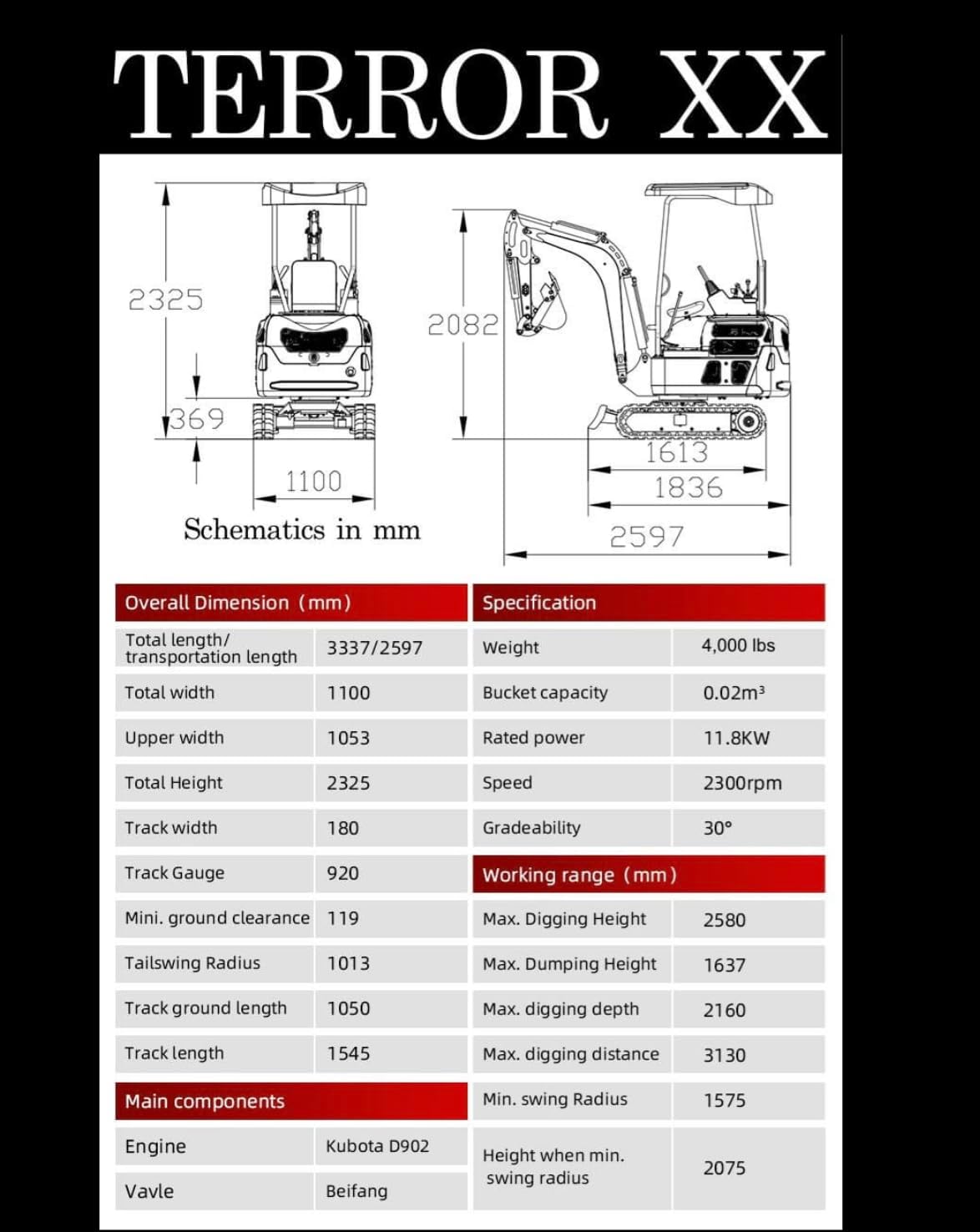 4,000 lb TYPHON Terror XX Mini Excavator Rubber Track with Kubota D902 Diesel Engine