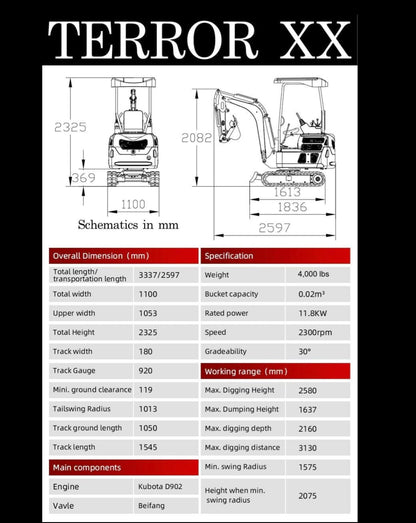 4,000 lb TYPHON Terror XX Mini Excavator Rubber Track with Kubota D902 Diesel Engine