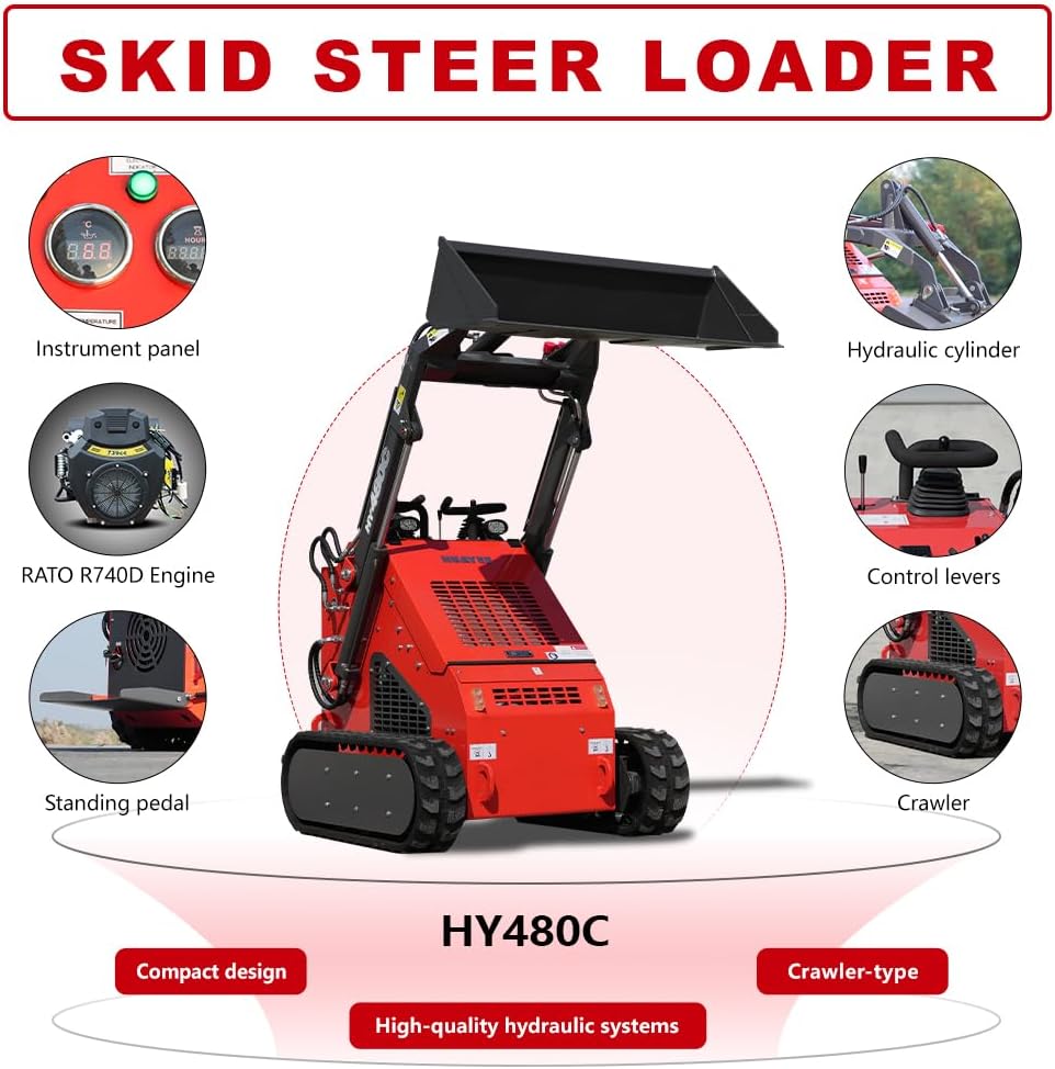 HY480C Crawler Stand-On Mini Skid Steer Loader with Bucket, 23HP EPA Certified Gas Engine, for Landscaping Farm Construction, Curbside delivery & Professional unloading Included