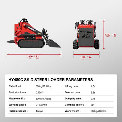 HY480C Crawler Stand-On Mini Skid Steer Loader with Bucket, 23HP EPA Certified Gas Engine, for Landscaping Farm Construction, Curbside delivery & Professional unloading Included