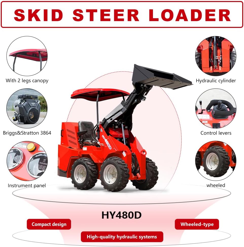 HY480D Ride-On Wheeled Mini Skid Steer Loader with Bucket, 23HP B&S Gas Engine, for Construction Farm Landscaping, Curbside delivery & Professional unloading Included