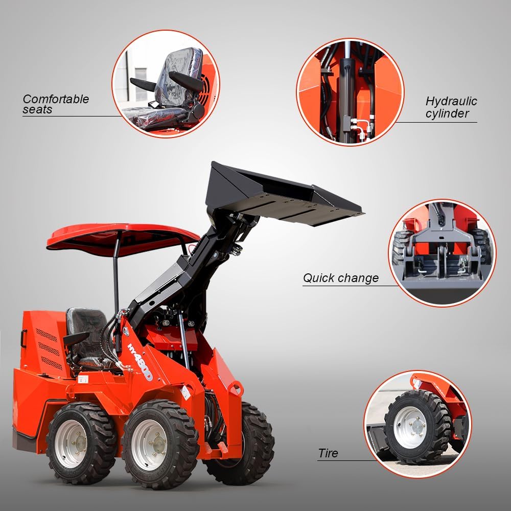 HY480D Ride-On Wheeled Mini Skid Steer Loader with Bucket, 23HP B&S Gas Engine, for Construction Farm Landscaping, Curbside delivery & Professional unloading Included