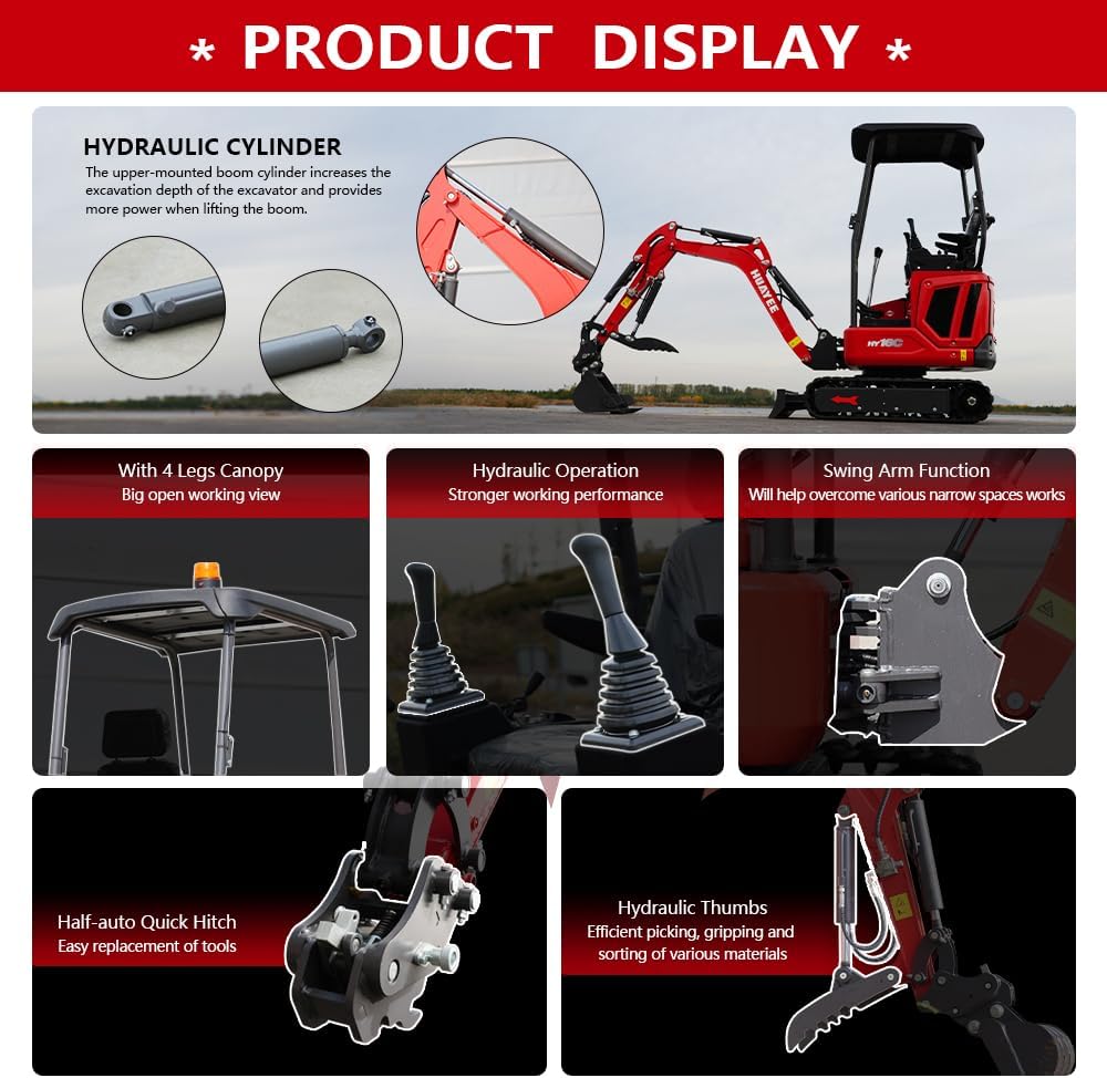 HY16C 1.6T Mini Excavator, KubotaDiesel 14HP, w/Pilot Controls Side Swing Boom for Construction Landscaping, Includes Hydraulic Thumb & Semi-Auto Quick Coupler, Includes delivery & unloading services