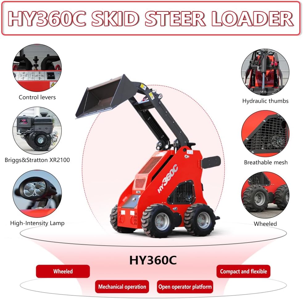 HY360C Wheeled Stand-On Mini Skid Steer Loader with Bucket, B&S Gas Engine EPA Certified, Compact for Lawn Farm Garden Material Handling, Curbside delivery & Professional unloading Included