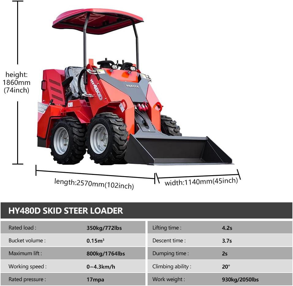 HY480D Ride-On Wheeled Mini Skid Steer Loader with Bucket, 23HP B&S Gas Engine, for Construction Farm Landscaping, Curbside delivery & Professional unloading Included