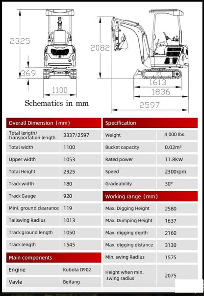 4,000 lb TYPHON Terror XX Mini Excavator Rubber Track with Kubota D902 Diesel Engine USA