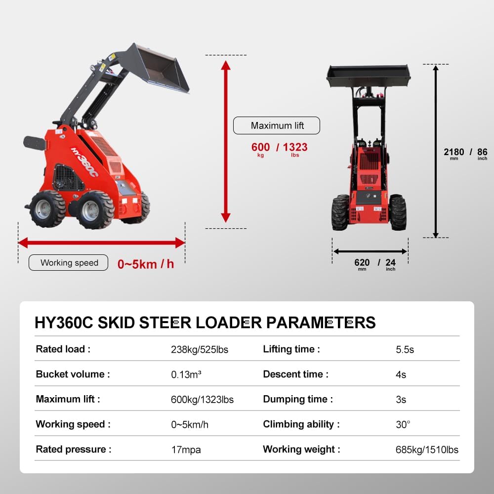 HY360C Wheeled Stand-On Mini Skid Steer Loader with Bucket, B&S Gas Engine EPA Certified, Compact for Lawn Farm Garden Material Handling, Curbside delivery & Professional unloading Included