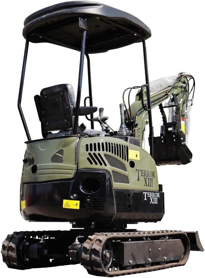 TYPHON Terror XIII Mini Excavator, 13.5 HP Gas Engine, Compact Tracked Digger with Canopy, Military Green