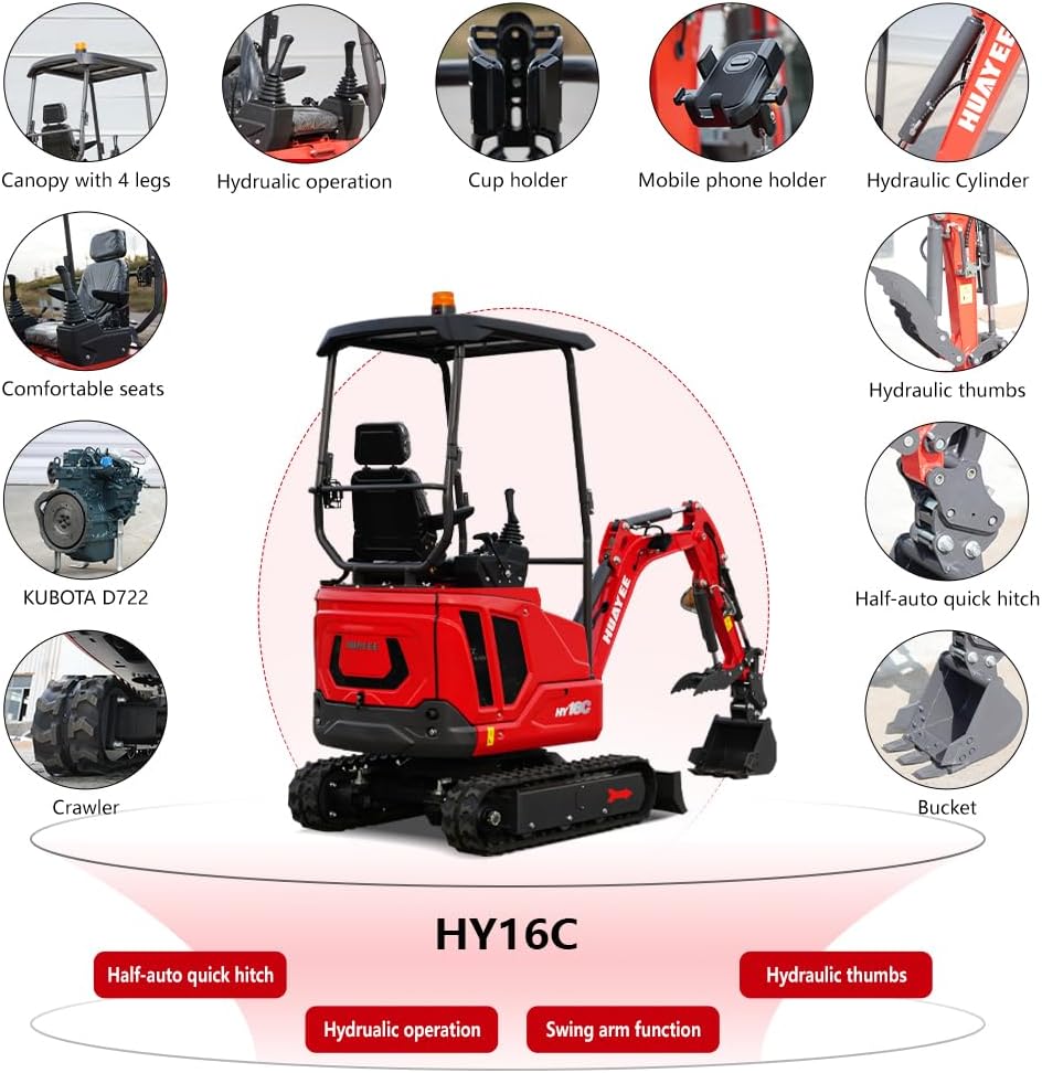 HY16C 1.6T Mini Excavator, KubotaDiesel 14HP, w/Pilot Controls Side Swing Boom for Construction Landscaping, Includes Hydraulic Thumb & Semi-Auto Quick Coupler, Includes delivery & unloading services
