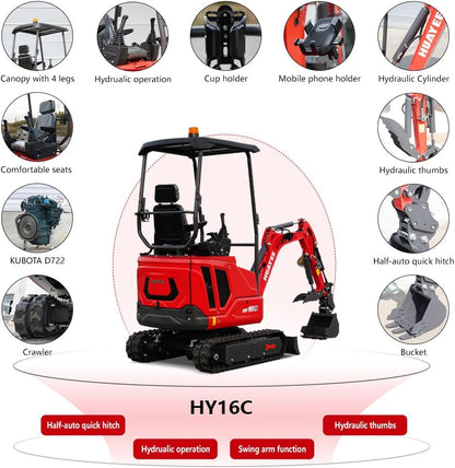 HY16C 1.6T Mini Excavator, KubotaDiesel 14HP, w/Pilot Controls Side Swing Boom for Construction Landscaping, Includes Hydraulic Thumb & Semi-Auto Quick Coupler, Includes delivery & unloading services