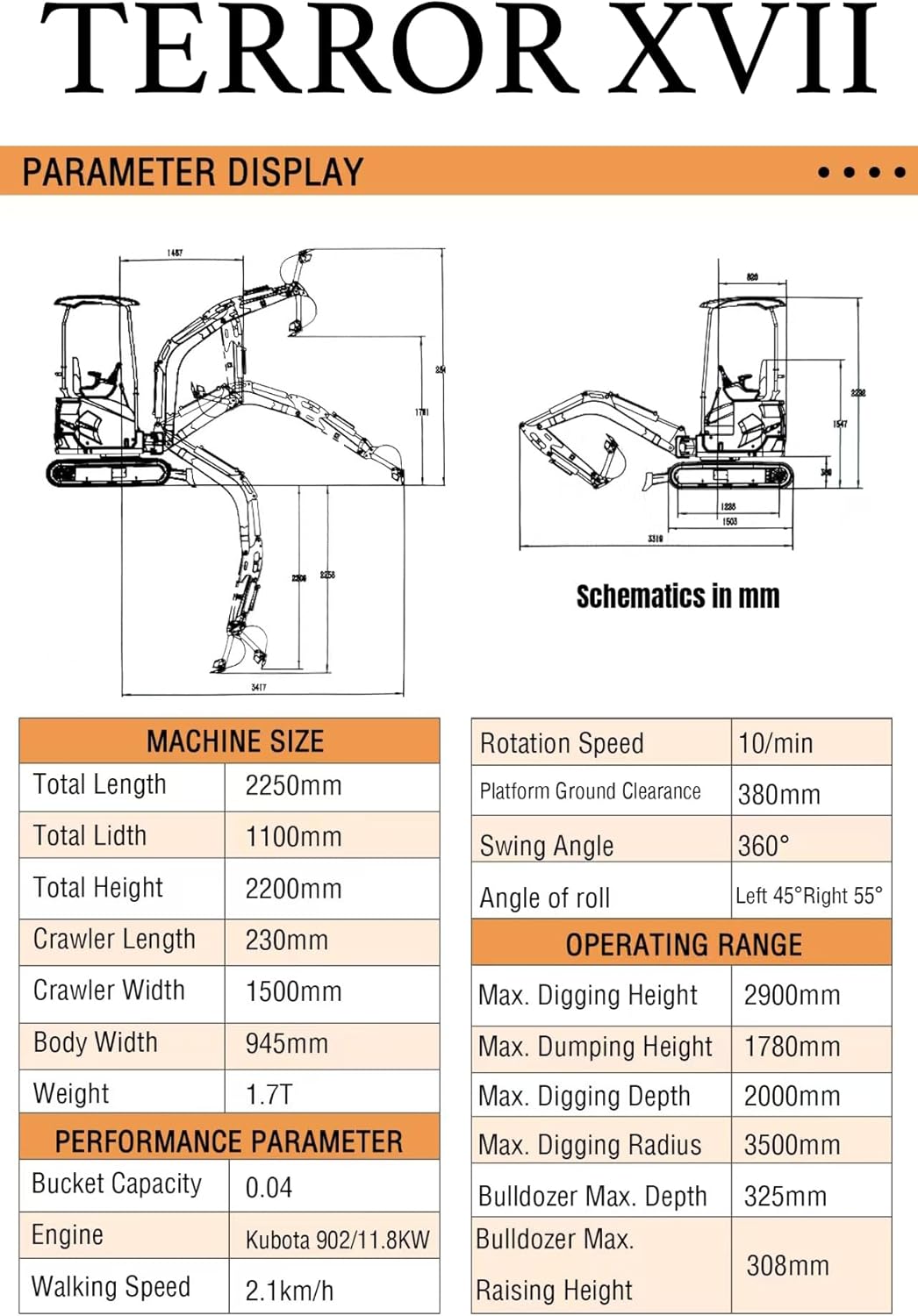 TYPHON Terror XVII Lux Mini Excavator – 1.7 Ton Trench Digger with Boom Swing, Canopy, 400mm Wide Bucket – Mini Excavator Machine for Garden, Farms, Parks, Roads
