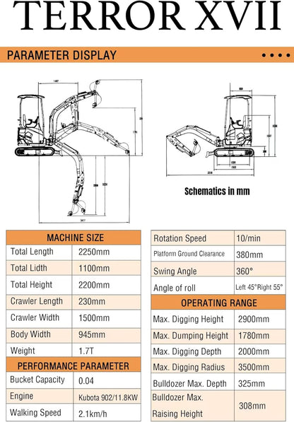 TYPHON Terror XVII Lux Mini Excavator – 1.7 Ton Trench Digger with Boom Swing, Canopy, 400mm Wide Bucket – Mini Excavator Machine for Garden, Farms, Parks, Roads