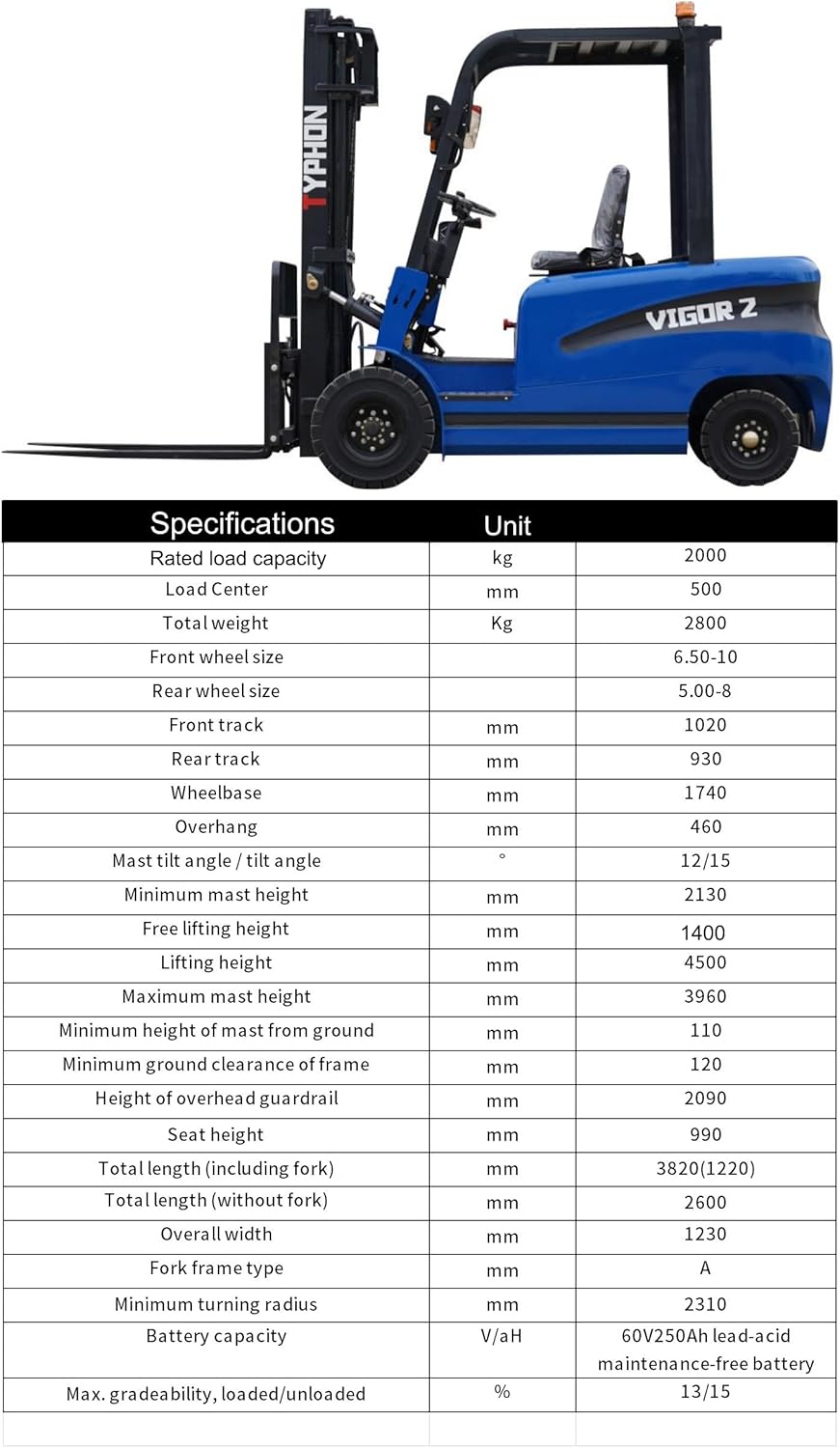 2025 TYPHON Vigor 2.0 Blue Electric Forklift 2 Ton Lifter Lift Truck Jitney Hi-Lo