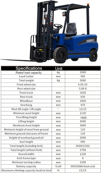 2025 TYPHON Vigor 2.5 Blue Electric Forklift 2.5 Ton Lifter Lift Truck Jitney Hi-Lo