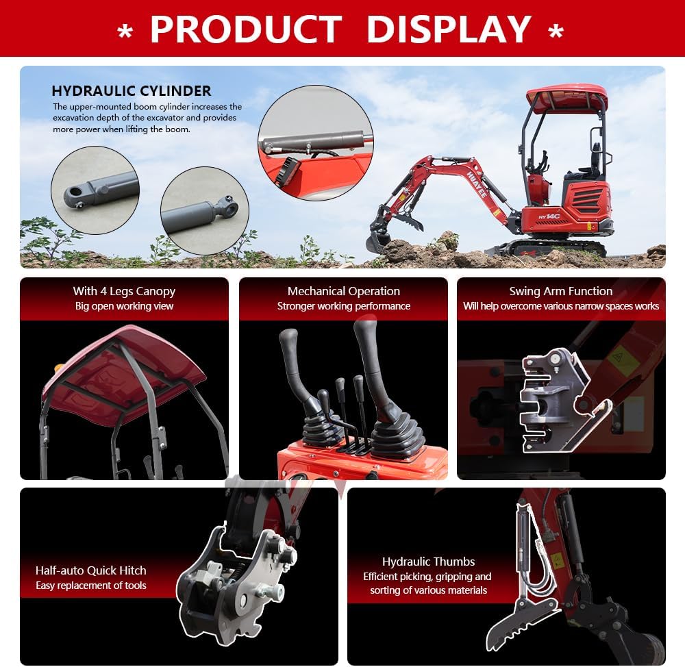 HY14C 1.4 Ton Mini Excavator w/Side Swing Boom, Semi-Auto Quick Coupler & Hydraulic Thumb for Tight Space Construction, Landscaping, Farming 13.5HP B&S Engine, Includes delivery & unloading services