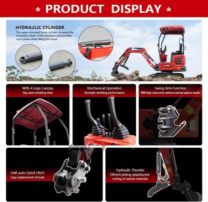 HY14C 1.4 Ton Mini Excavator w/Side Swing Boom, Semi-Auto Quick Coupler & Hydraulic Thumb for Tight Space Construction, Landscaping, Farming 13.5HP B&S Engine, Includes delivery & unloading services
