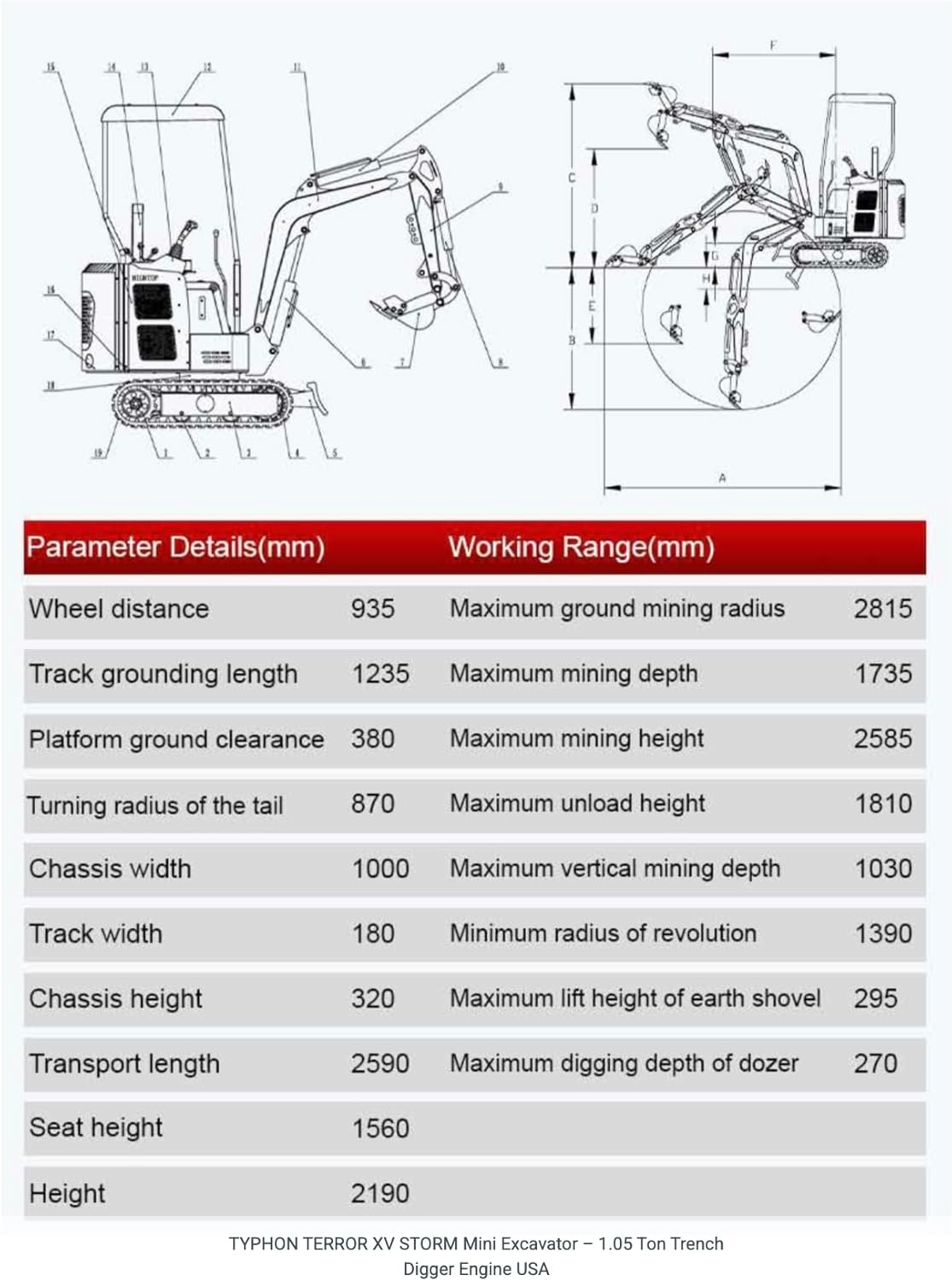 TYPHON TERROR XV STORM Mini Excavator – 1.05 Ton 13.5hp Gas Trench Digger Engine USA