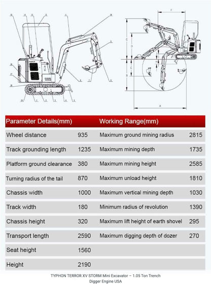 TYPHON TERROR XV STORM Mini Excavator – 1.05 Ton 13.5hp Gas Trench Digger Engine USA