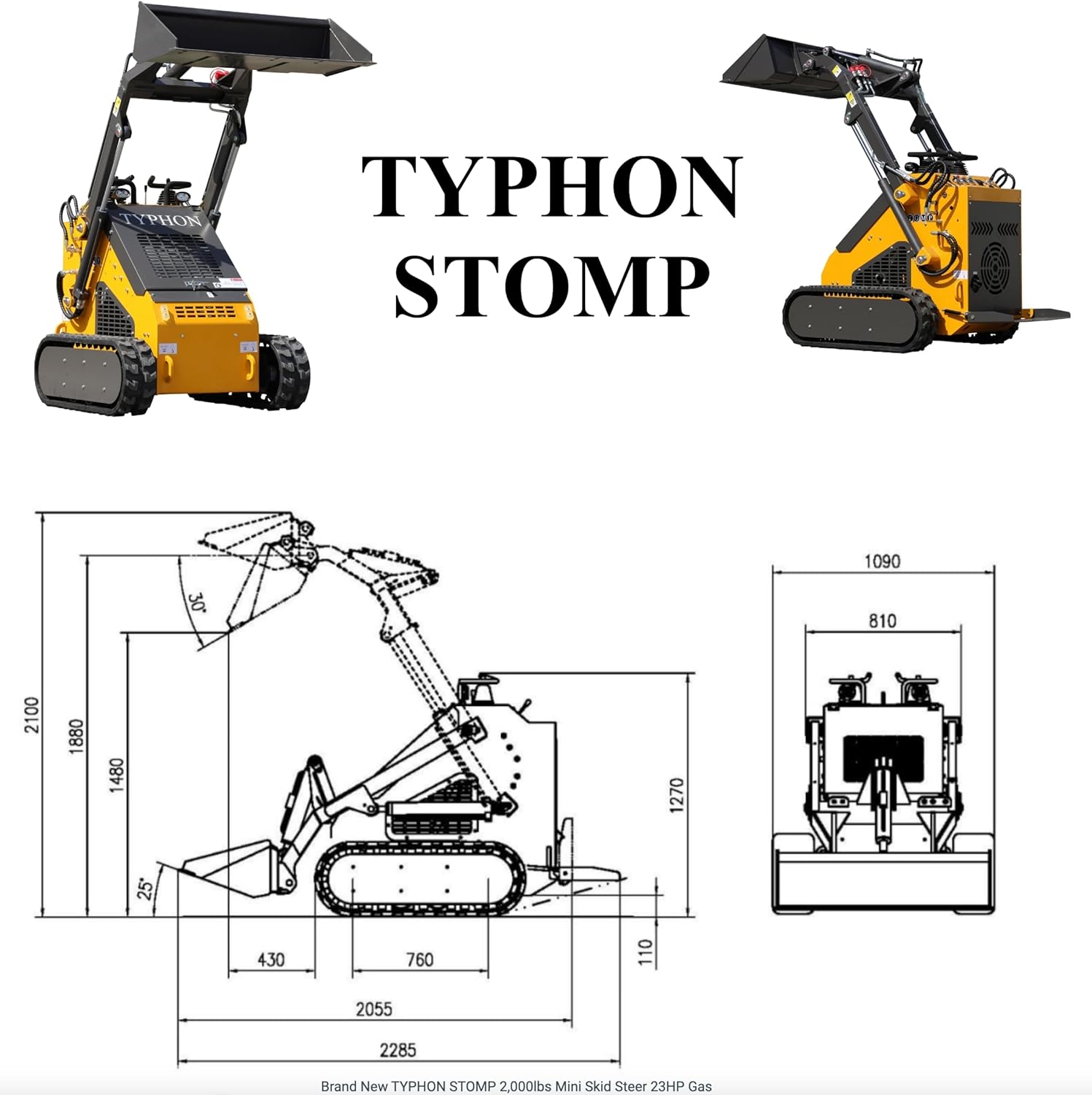 TYPHON STOMP 2,000lbs Mini Skid Steer 23HP Gas EPA Engine USA for digging, bull-dozing, drilling, augering, trenching, trench-grinding