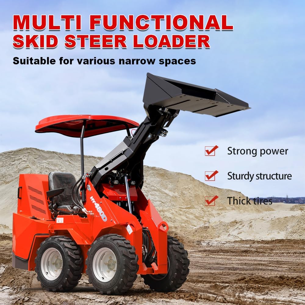 HY480D Ride-On Wheeled Mini Skid Steer Loader with Bucket, 23HP B&S Gas Engine, for Construction Farm Landscaping, Curbside delivery & Professional unloading Included
