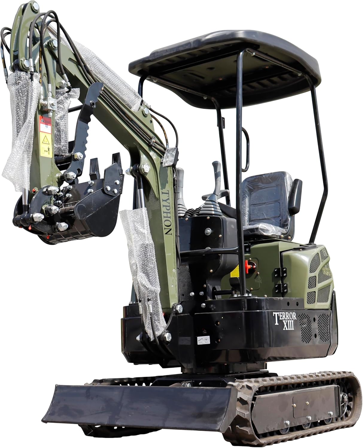TYPHON Terror XIII Mini Excavator, 13.5 HP Gas Engine, Compact Tracked Digger with Canopy, Military Green
